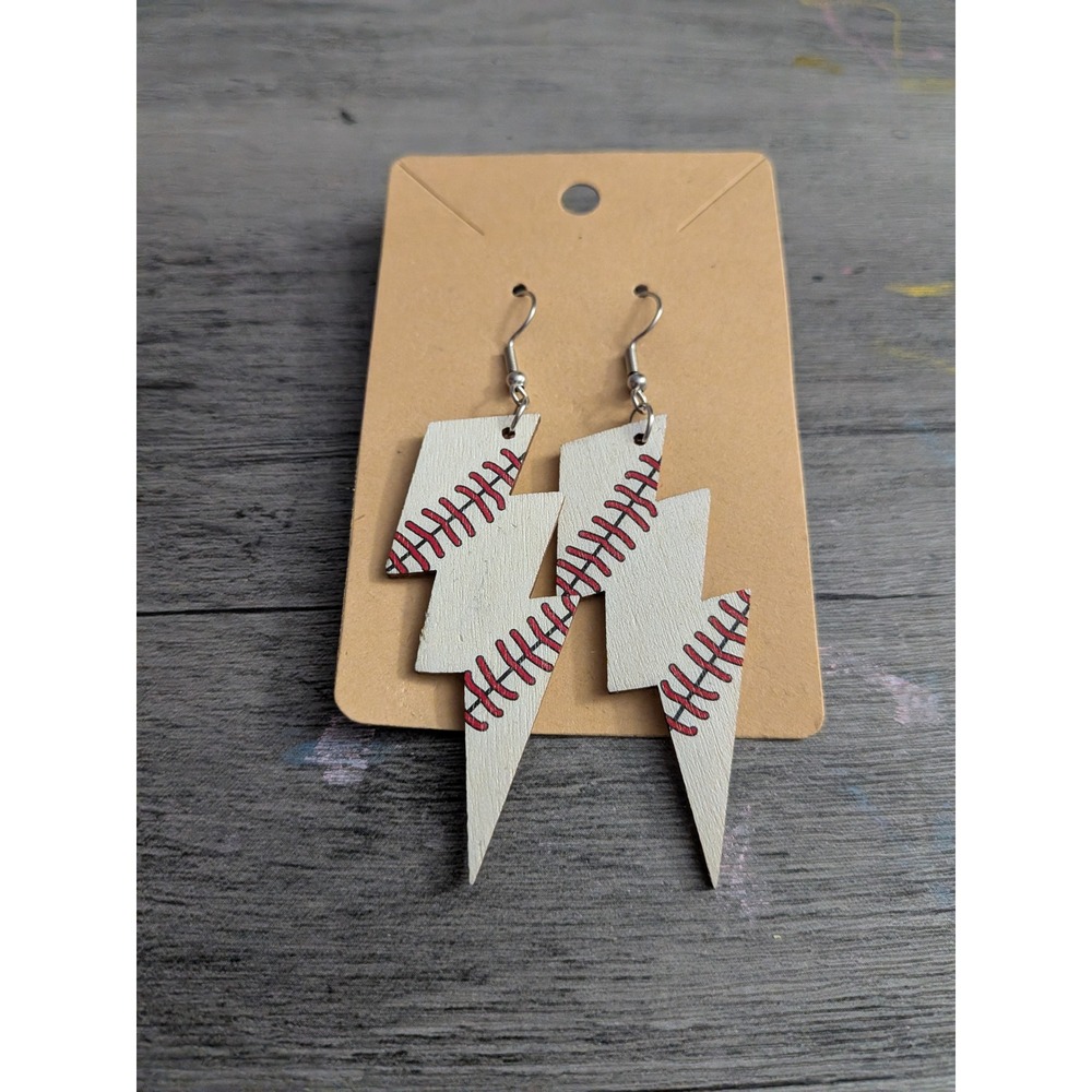 Handmade Baseball Lightning Bolt Wooden Dangle Earrings White Red Sports Jewelry